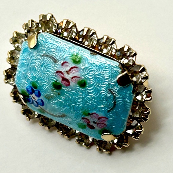 Vintage Guilloche Mid Century Rectangular Enamel Rhinestone Pin Blue Small 50’s - Picture 5 of 14